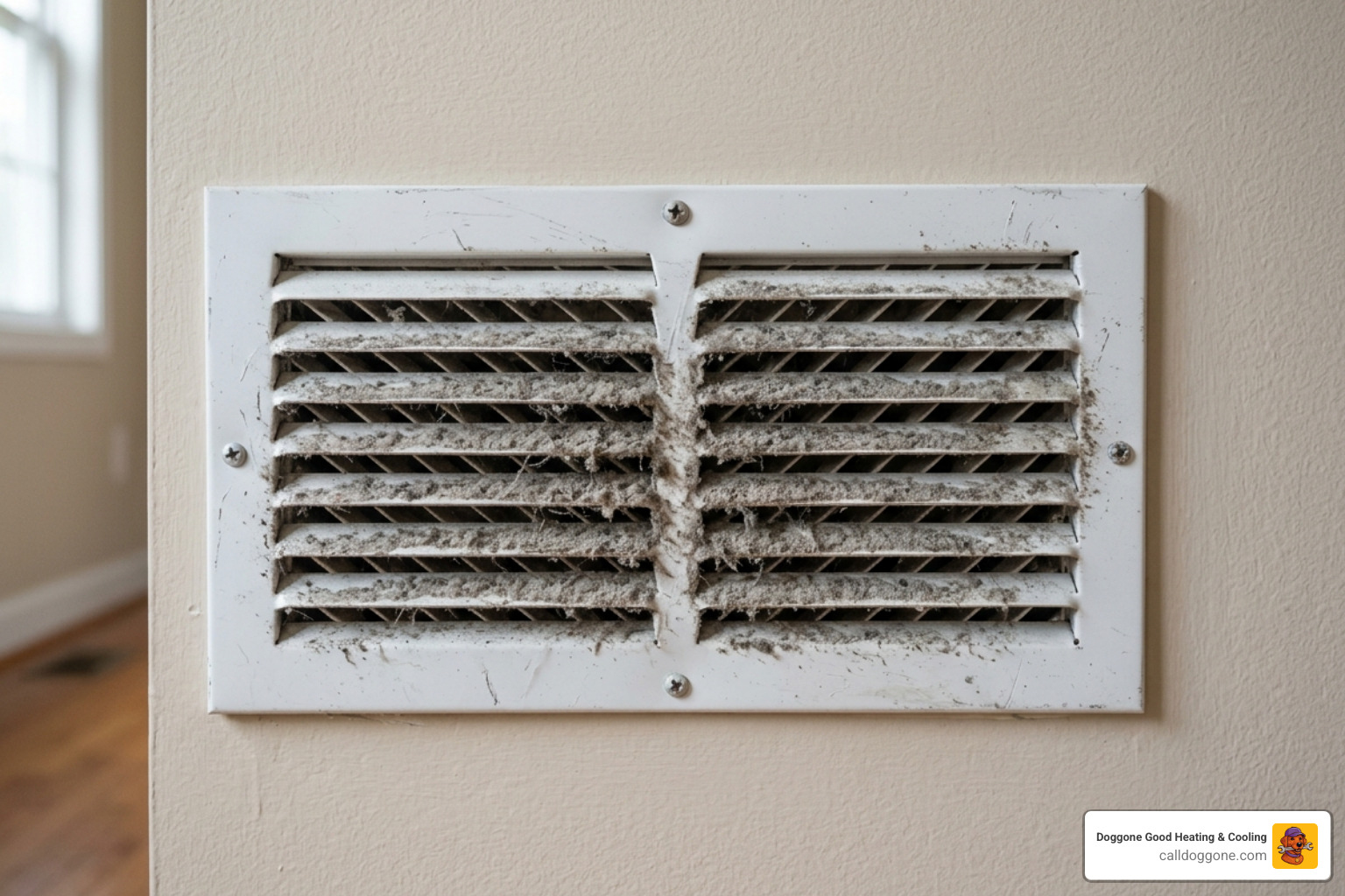 Close-up of a dusty vent cover with visible gray accumulation on the louvers -   air duct inspection