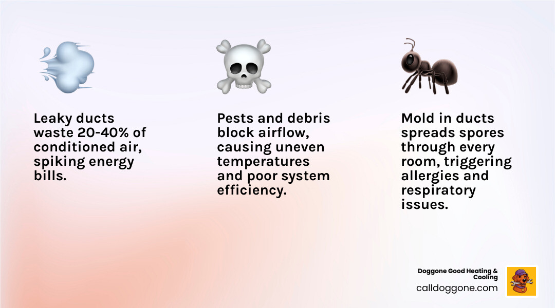 Infographic showing how air ducts circulate dust, mold spores, and allergens throughout a home and key inspection facts