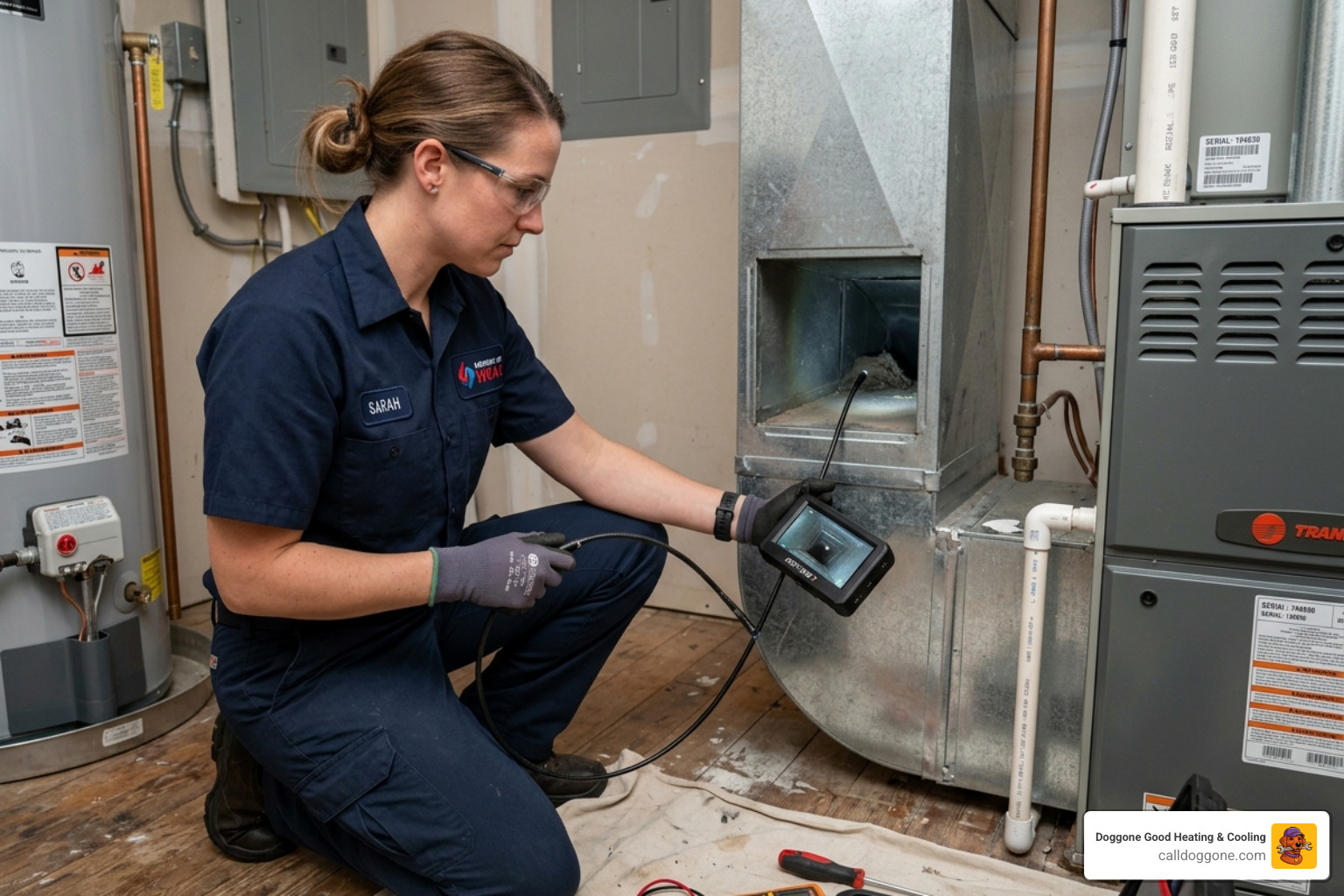 Technician using a high-resolution duct inspection camera to view the interior of a residential air duct -   hvac duct