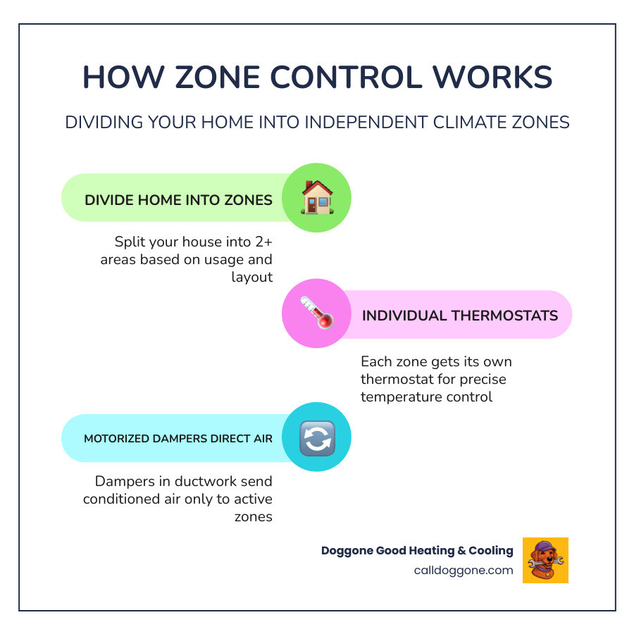 Infographic showing how a home is divided into climate zones with thermostats, dampers, and a central control panel - zone Infographic showing how a home is divided into climate zones with thermostats, dampers, and a central control panel - zone