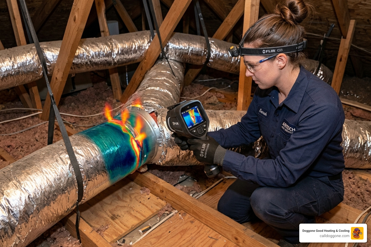 Thermal imaging camera detecting air leaks in residential ductwork - ductwork inspection