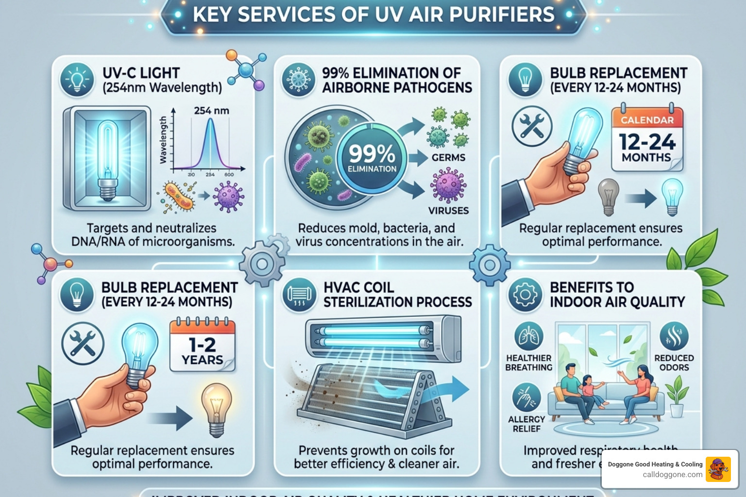 Infographic showing UV air purifier services: UV-C at 254nm, 99% pathogen elimination, 12-24 month bulb replacement, coil