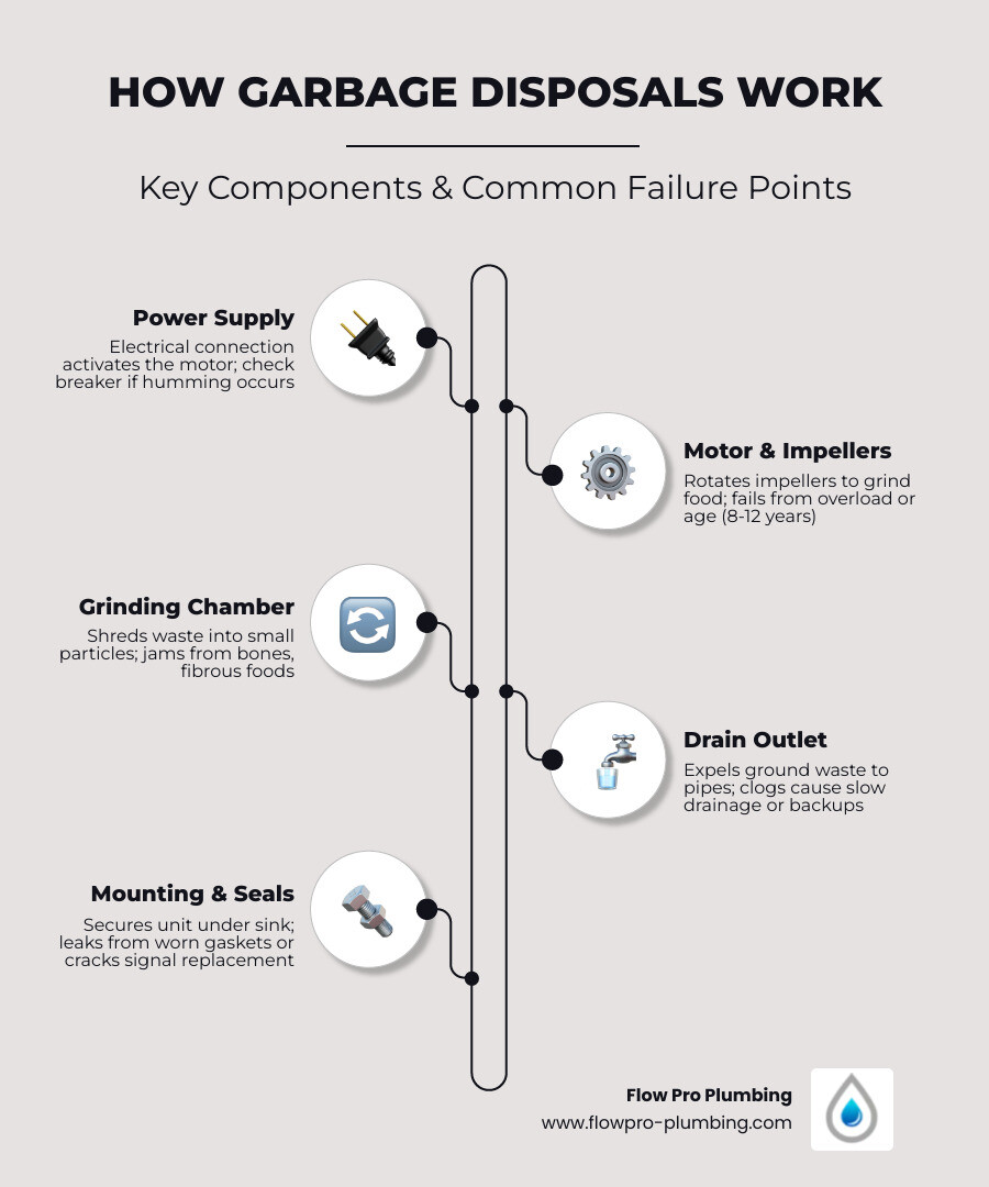 Infographic showing how a garbage disposal works, common failure points, and when to repair vs replace - plumber for Infographic showing how a garbage disposal works, common failure points, and when to repair vs replace - plumber for