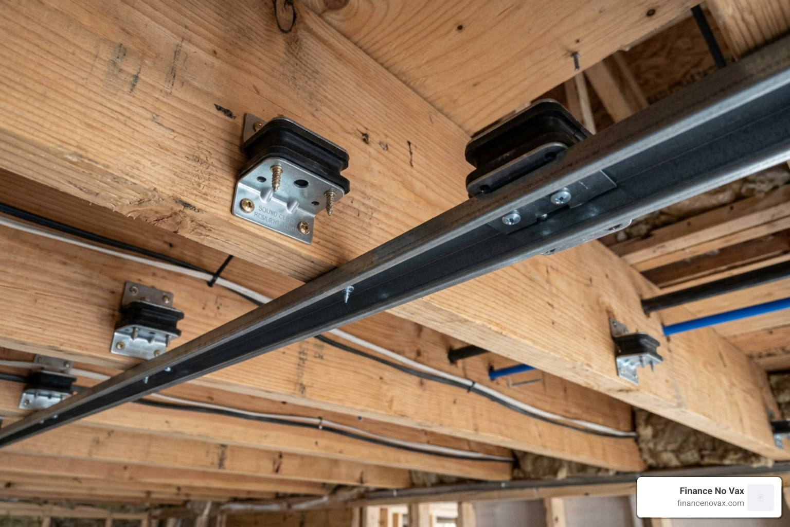 Detailed view of isolation clips and hat channel installation on a ceiling - soundproofing for ceilings Detailed view of isolation clips and hat channel installation on a ceiling - soundproofing for ceilings