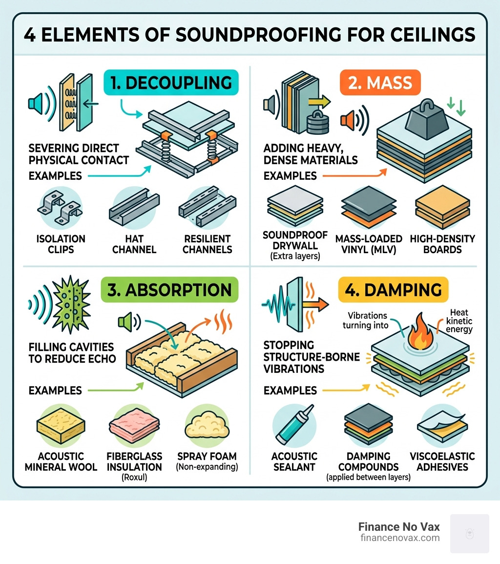 4 elements of soundproofing for ceilings: Decoupling, Mass, Absorption, and Damping with examples - soundproofing for 4 elements of soundproofing for ceilings: Decoupling, Mass, Absorption, and Damping with examples - soundproofing for