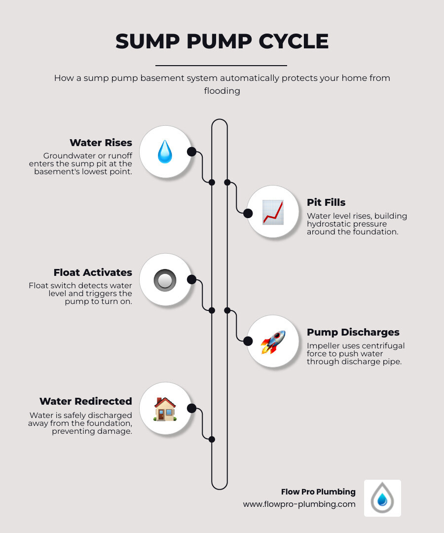 Infographic showing the sump pump cycle: groundwater rises, fills pit, float triggers pump, water discharged away from Infographic showing the sump pump cycle: groundwater rises, fills pit, float triggers pump, water discharged away from