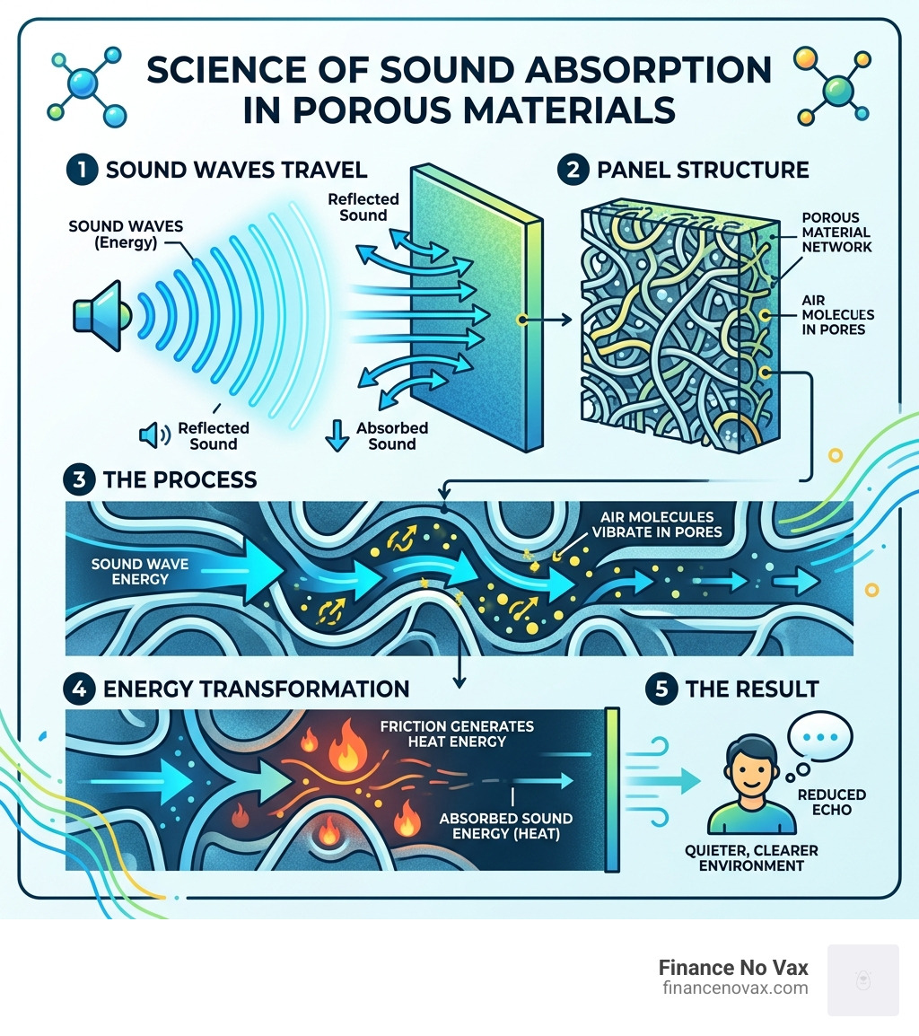 Infographic explaining the science of sound absorption in porous materials - noise cancelling panels for office infographic Infographic explaining the science of sound absorption in porous materials - noise cancelling panels for office infographic