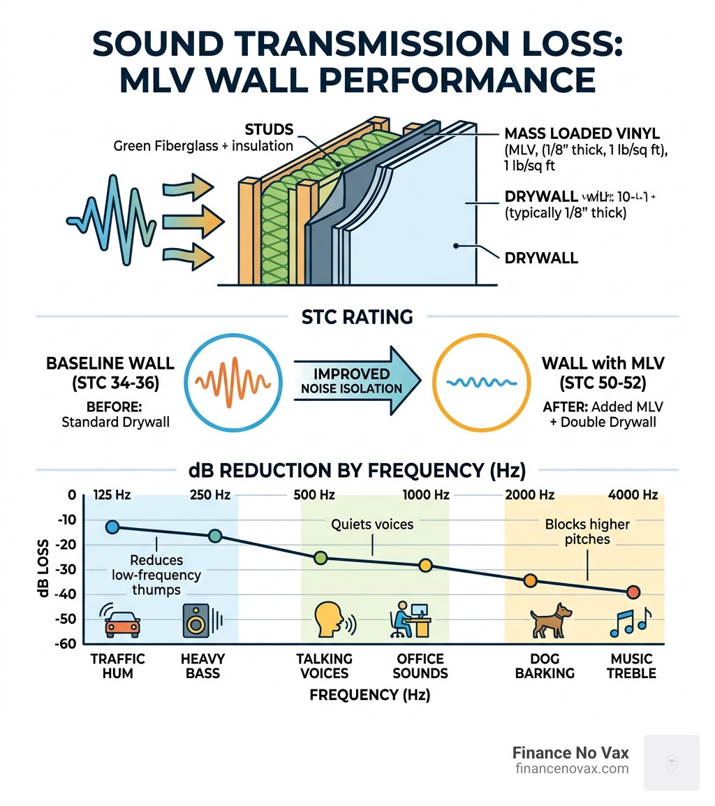 Infographic showing sound transmission loss through MLV wall layers with STC ratings and dB reduction by frequency - mass