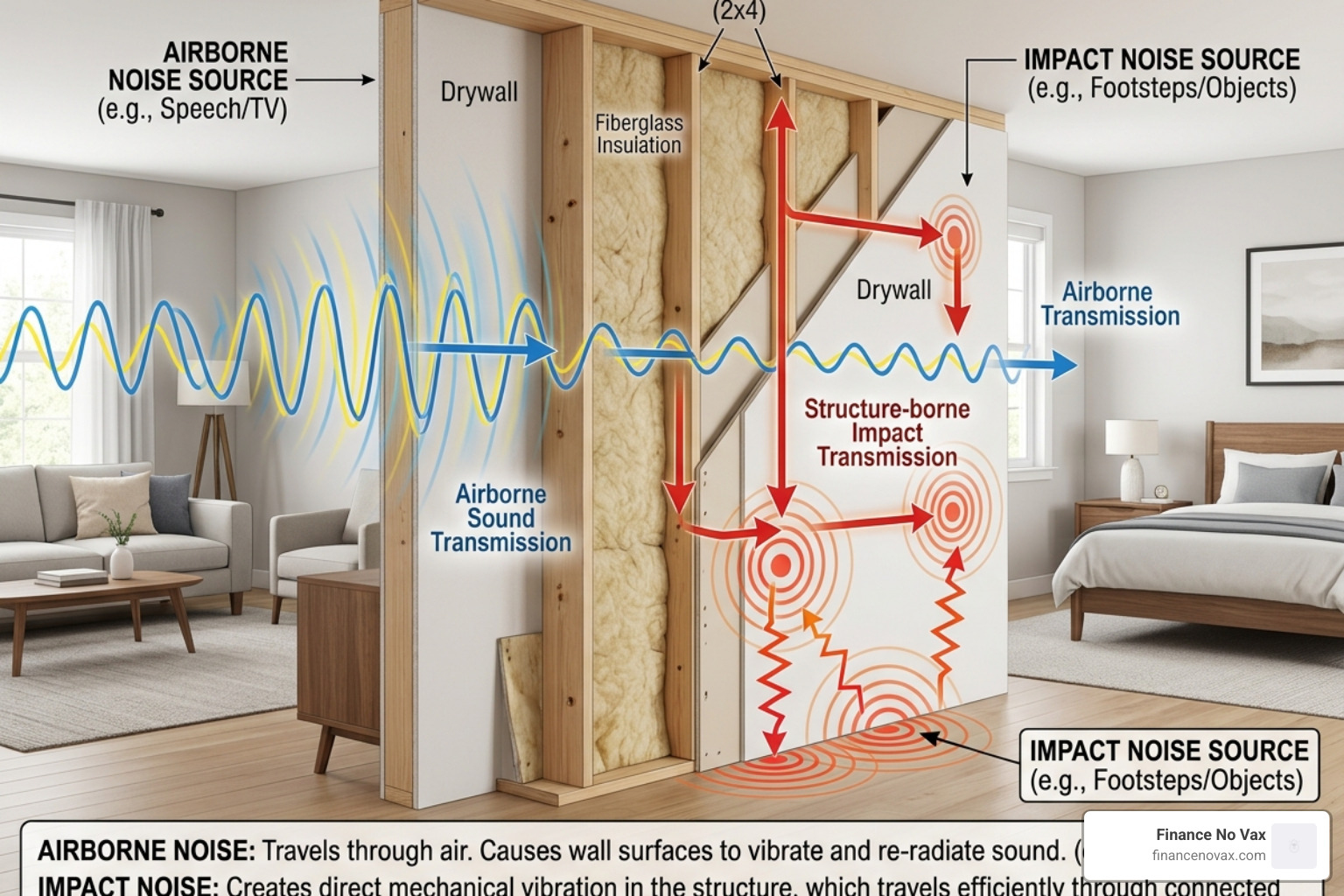 sound waves vibrating through a wall and showing the difference between airborne and impact noise - basics of soundproofing
