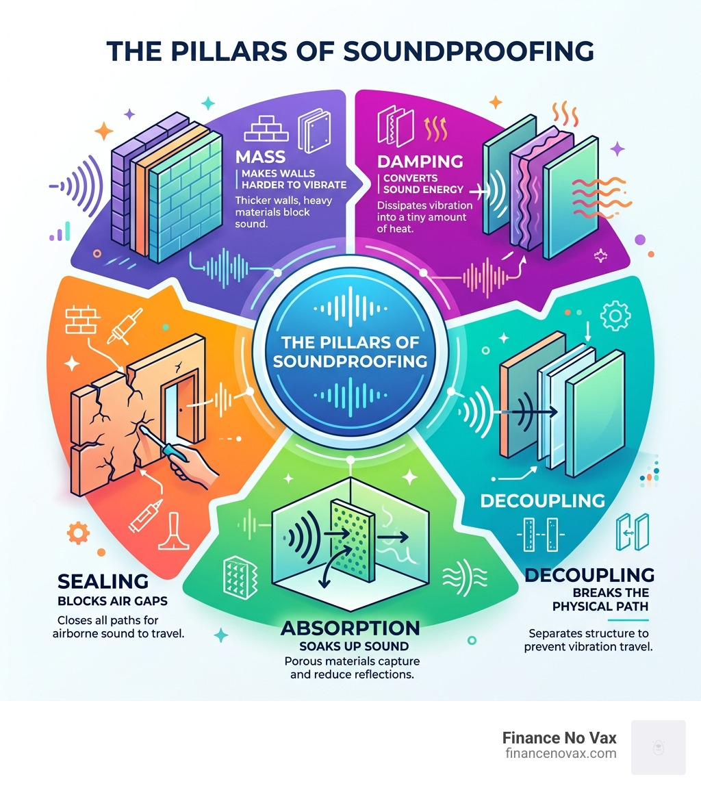 infographic showing the four pillars of soundproofing: mass, damping, decoupling, absorption, and sealing - basics of