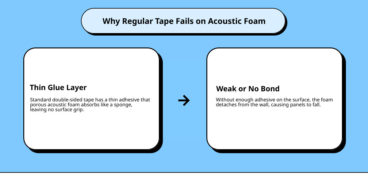 Graphic showing the difference between permanent acrylic gel tape and removable transparent putty - acoustic foam double