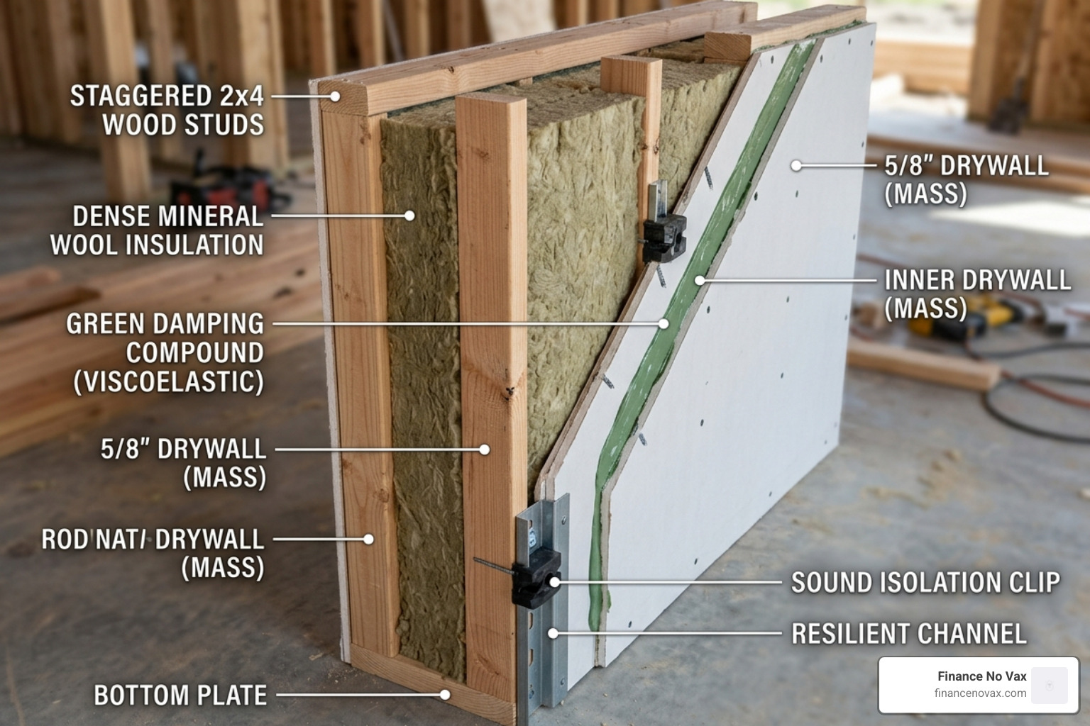 wall cross-section showing layers of mass, damping compound, and mineral wool insulation - basics of soundproofing