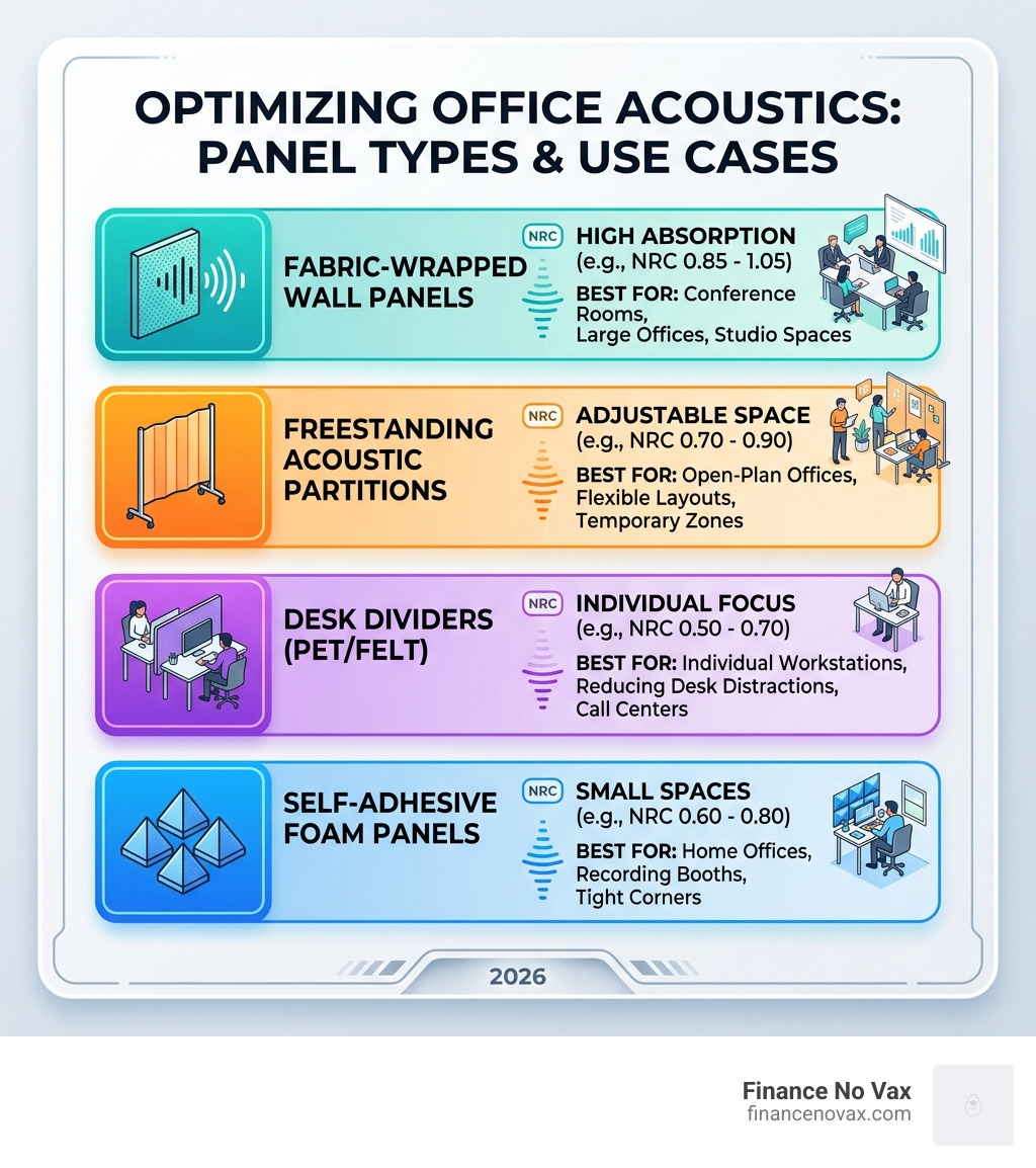 Infographic showing types of office acoustic panels, NRC ratings, and recommended use cases - noise cancelling panels for Infographic showing types of office acoustic panels, NRC ratings, and recommended use cases - noise cancelling panels for