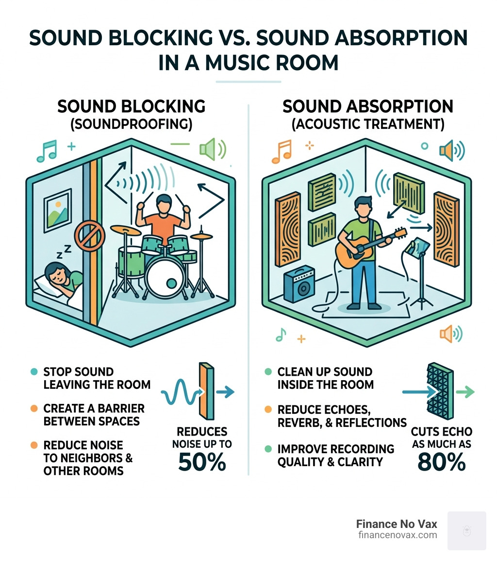 sound blocking vs. sound absorption in a music room infographic - soundproofing kit music room infographic 