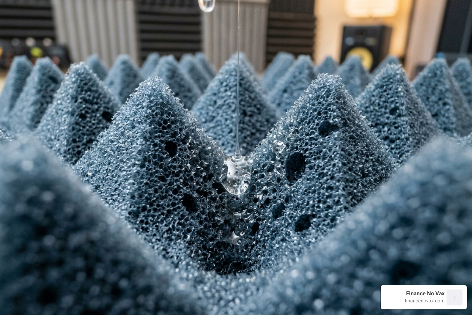 Close up of porous acoustic foam texture showing how it absorbs standard liquid glue - acoustic foam double sided tape