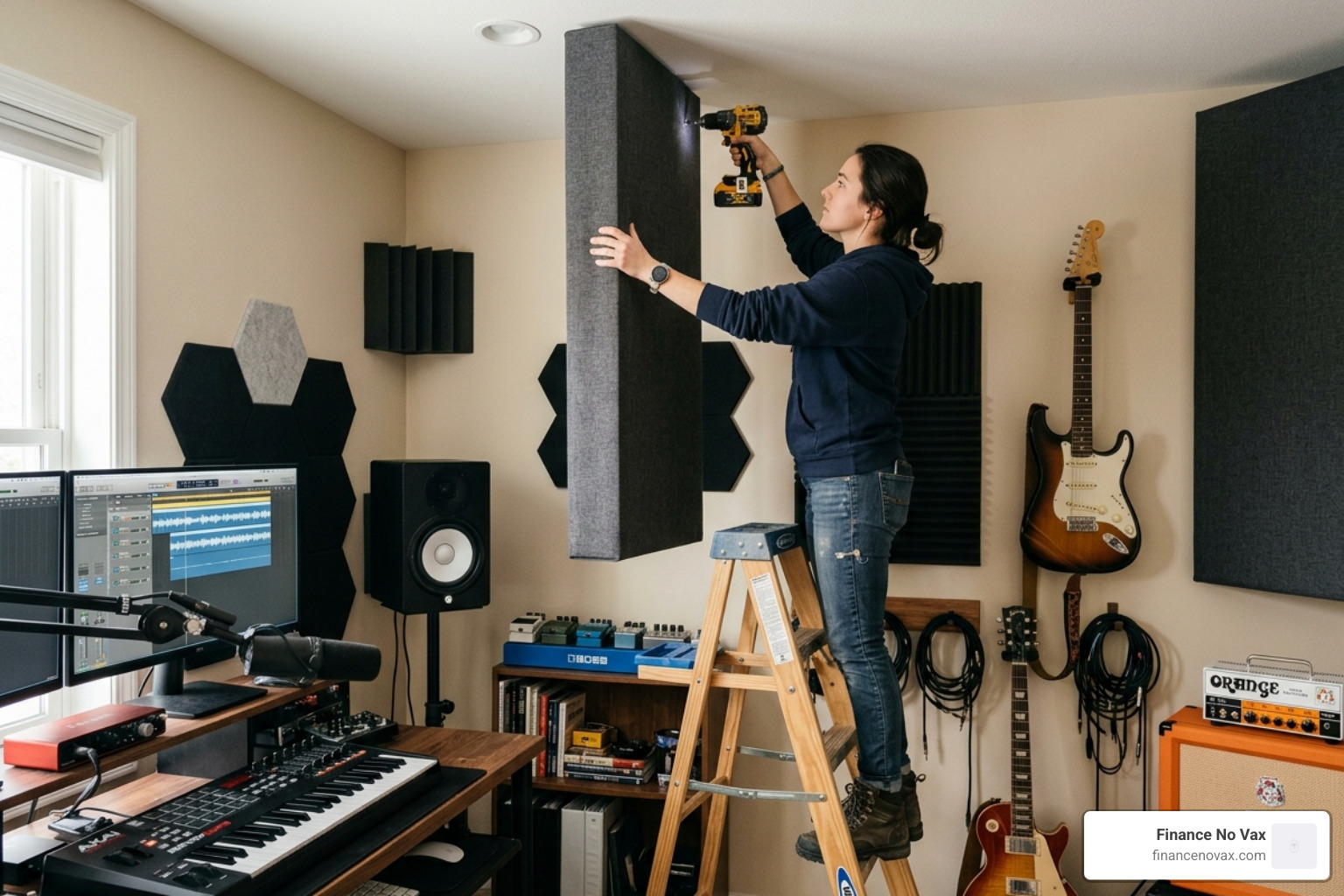 installing bass traps in the corners of a music room - soundproofing kit music room