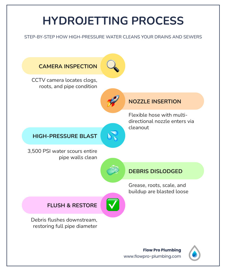 Infographic showing the hydrojetting process: camera inspection, nozzle insertion, high-pressure water scouring pipe walls Infographic showing the hydrojetting process: camera inspection, nozzle insertion, high-pressure water scouring pipe walls