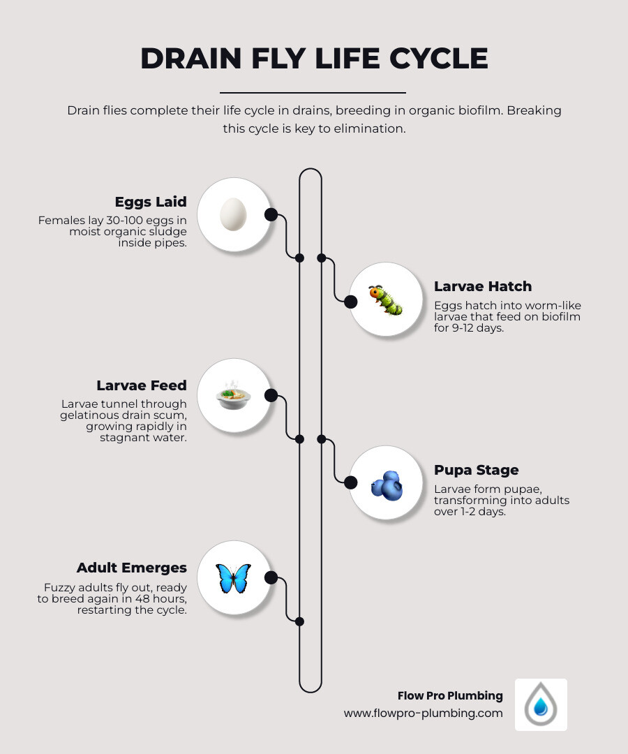 Infographic showing drain fly life cycle from egg to larvae to pupa to adult, with breeding stages inside a drain pipe Infographic showing drain fly life cycle from egg to larvae to pupa to adult, with breeding stages inside a drain pipe