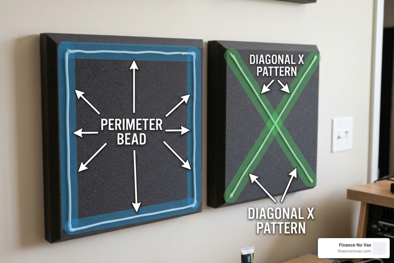 Adhesive application patterns: perimeter and X-pattern - acoustic foam tile adhesive