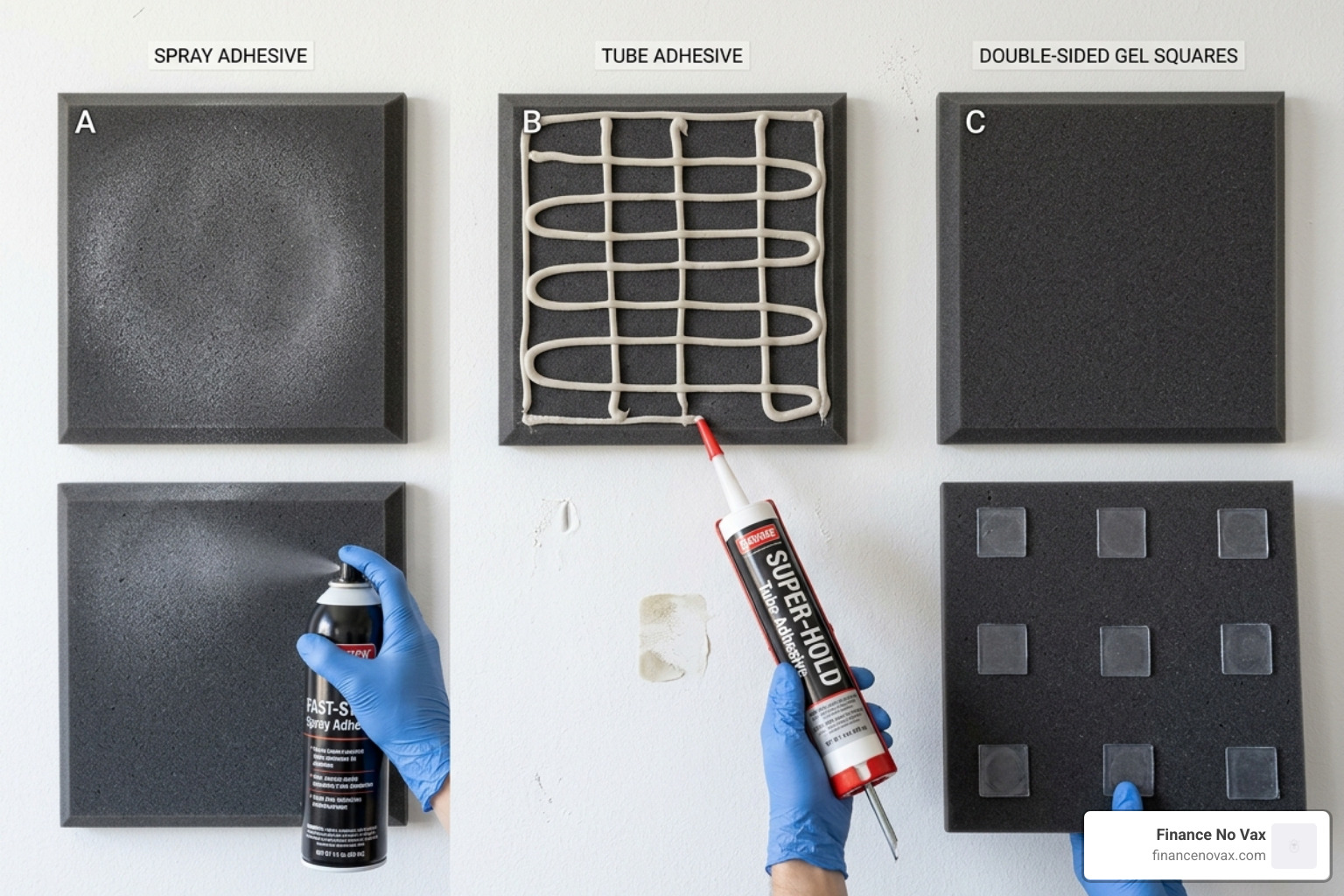 Comparison of spray vs tube vs adhesive squares - acoustic foam tile adhesive