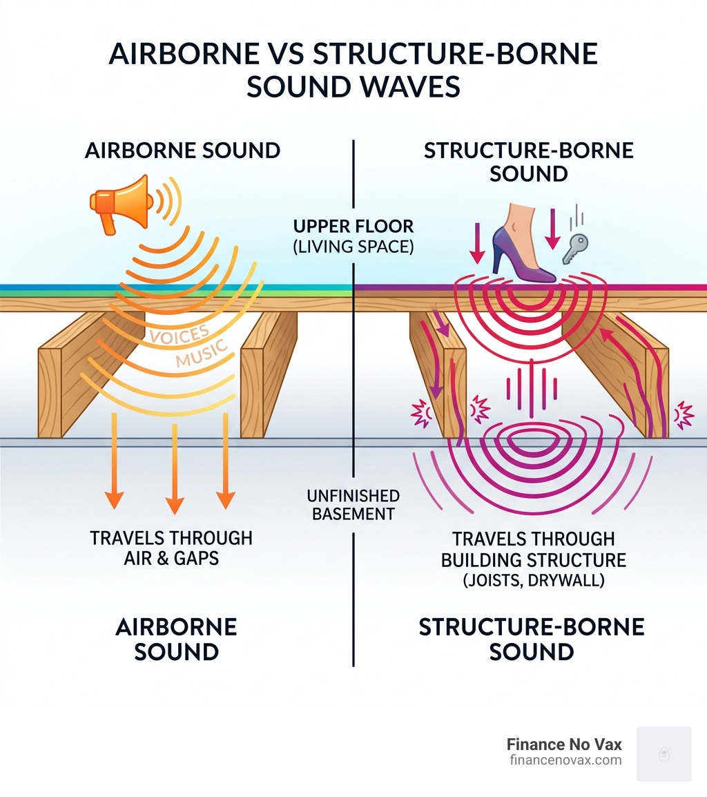 airborne vs structure-borne sound waves through a basement ceiling cross-section - basement ceiling insulation for sound
