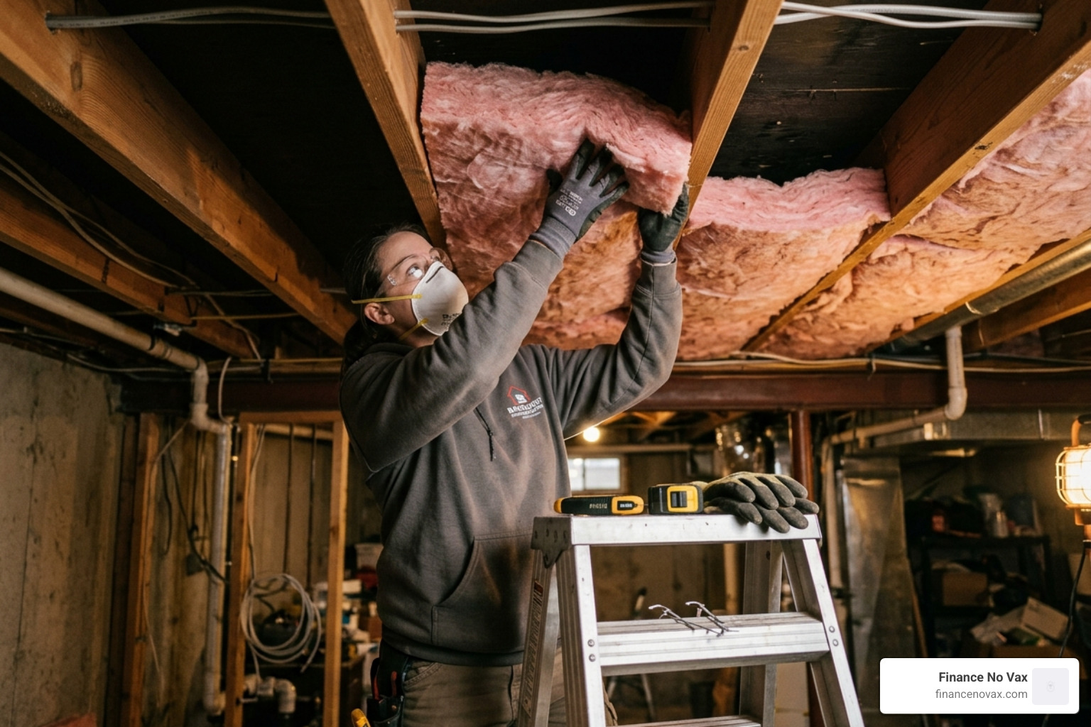 installing mineral wool batts between basement ceiling joists - basement ceiling insulation for sound