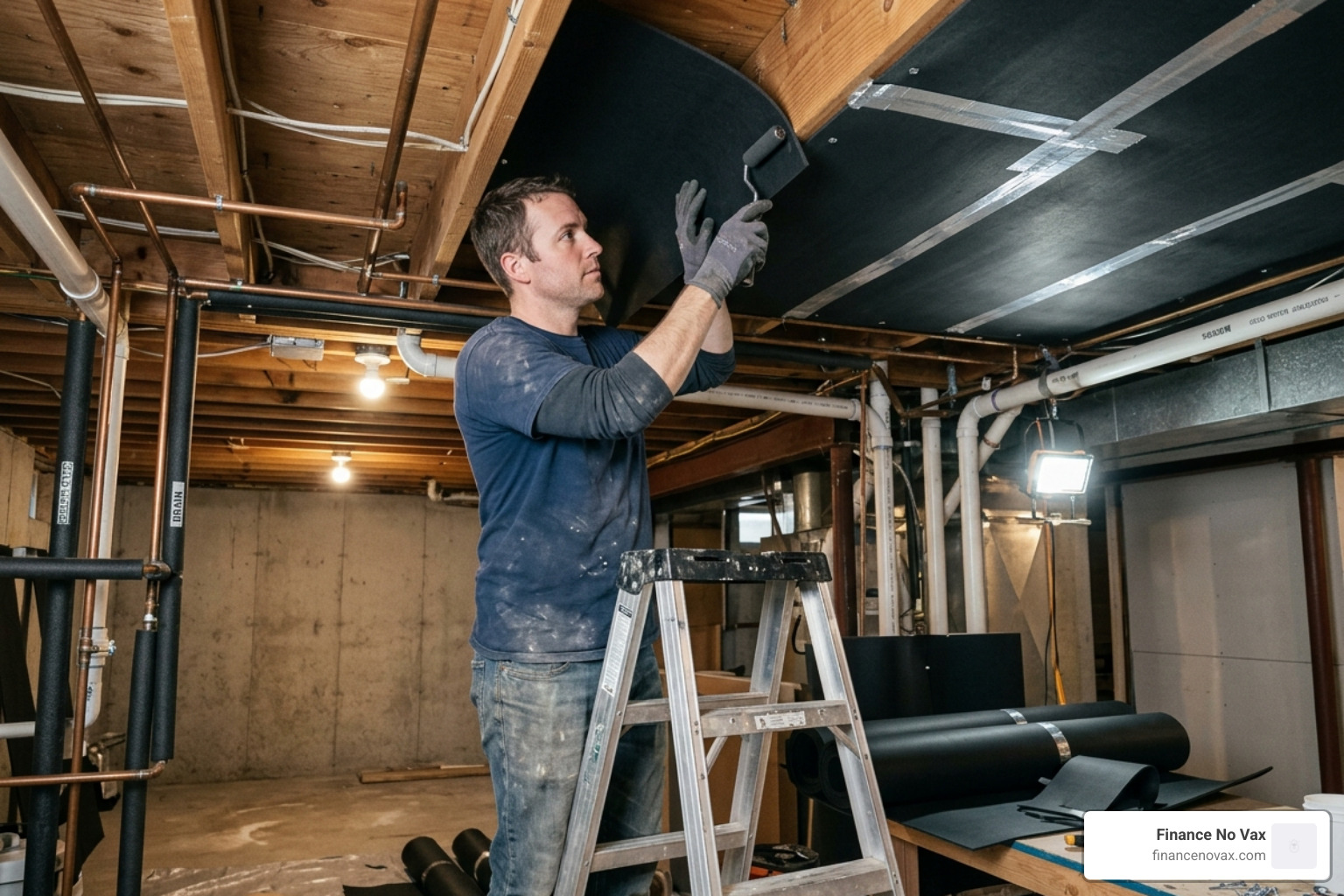 applying mass-loaded vinyl to a basement ceiling - basement ceiling insulation for sound