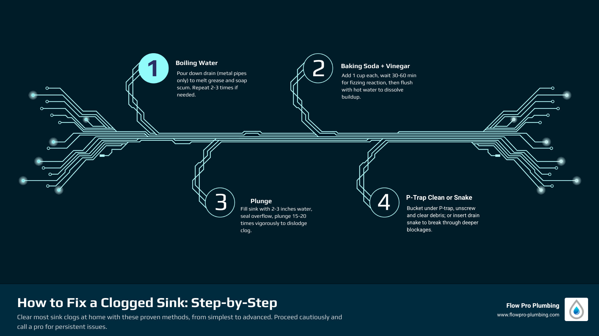 Infographic showing step-by-step methods to fix a clogged sink from easiest to most advanced - how to fix a clogged sink Infographic showing step-by-step methods to fix a clogged sink from easiest to most advanced - how to fix a clogged sink