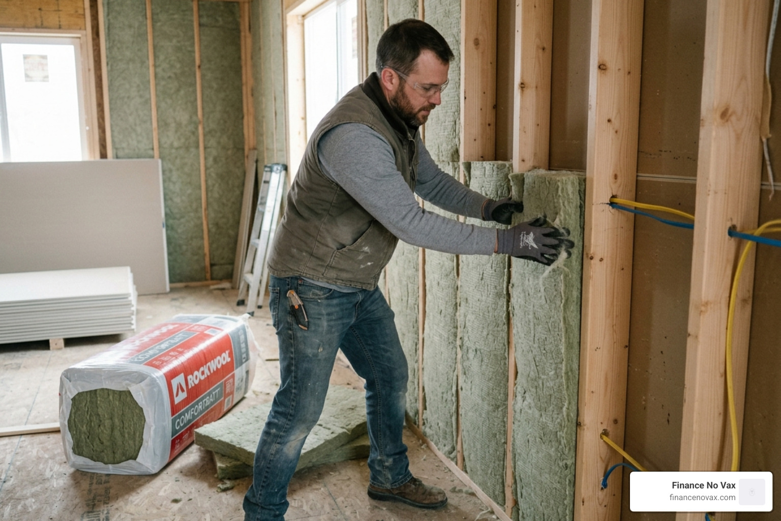 mineral wool batts being installed in a residential wall cavity - soundproofing insulation