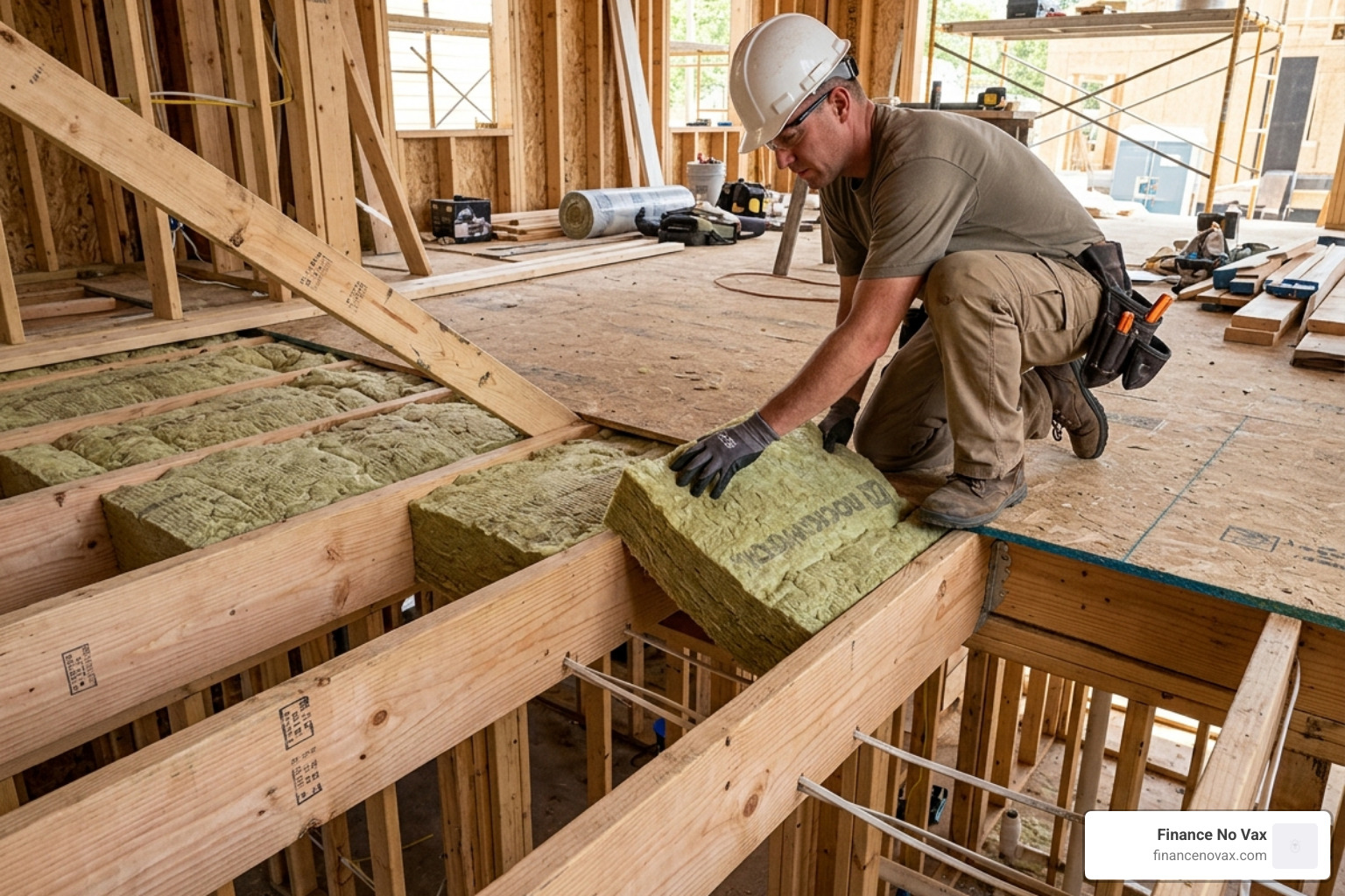 insulation being installed between floor joists to reduce impact noise - soundproofing insulation