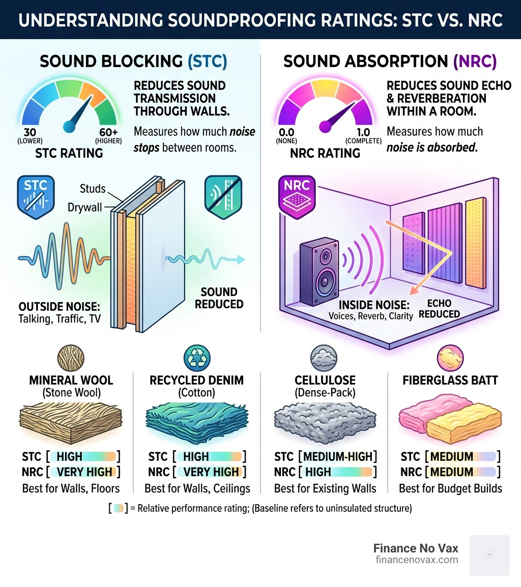Infographic comparing sound absorption vs sound blocking with STC and NRC ratings for common insulation materials