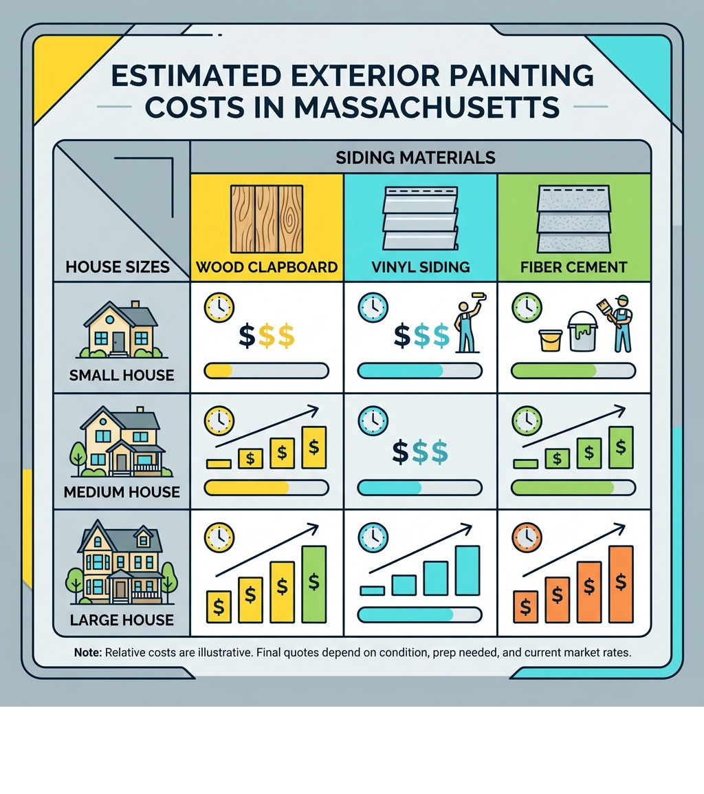 Table comparing costs by house size and siding material - Exterior Painting Massachusetts infographic 