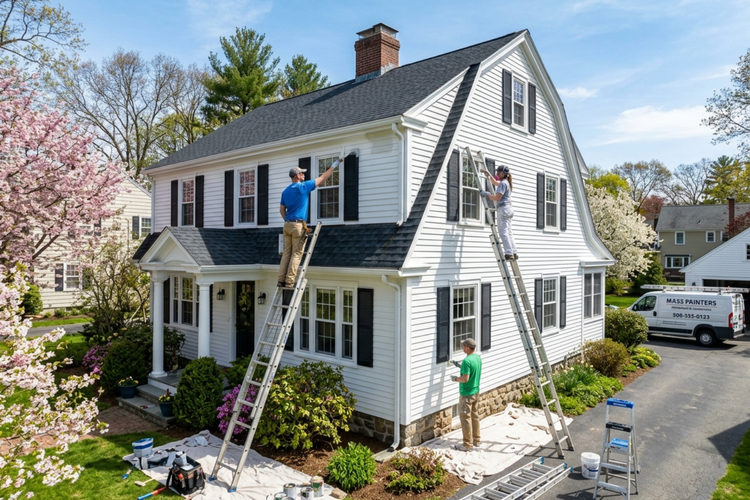 Painters working during a clear Massachusetts spring day - Exterior Painting Massachusetts