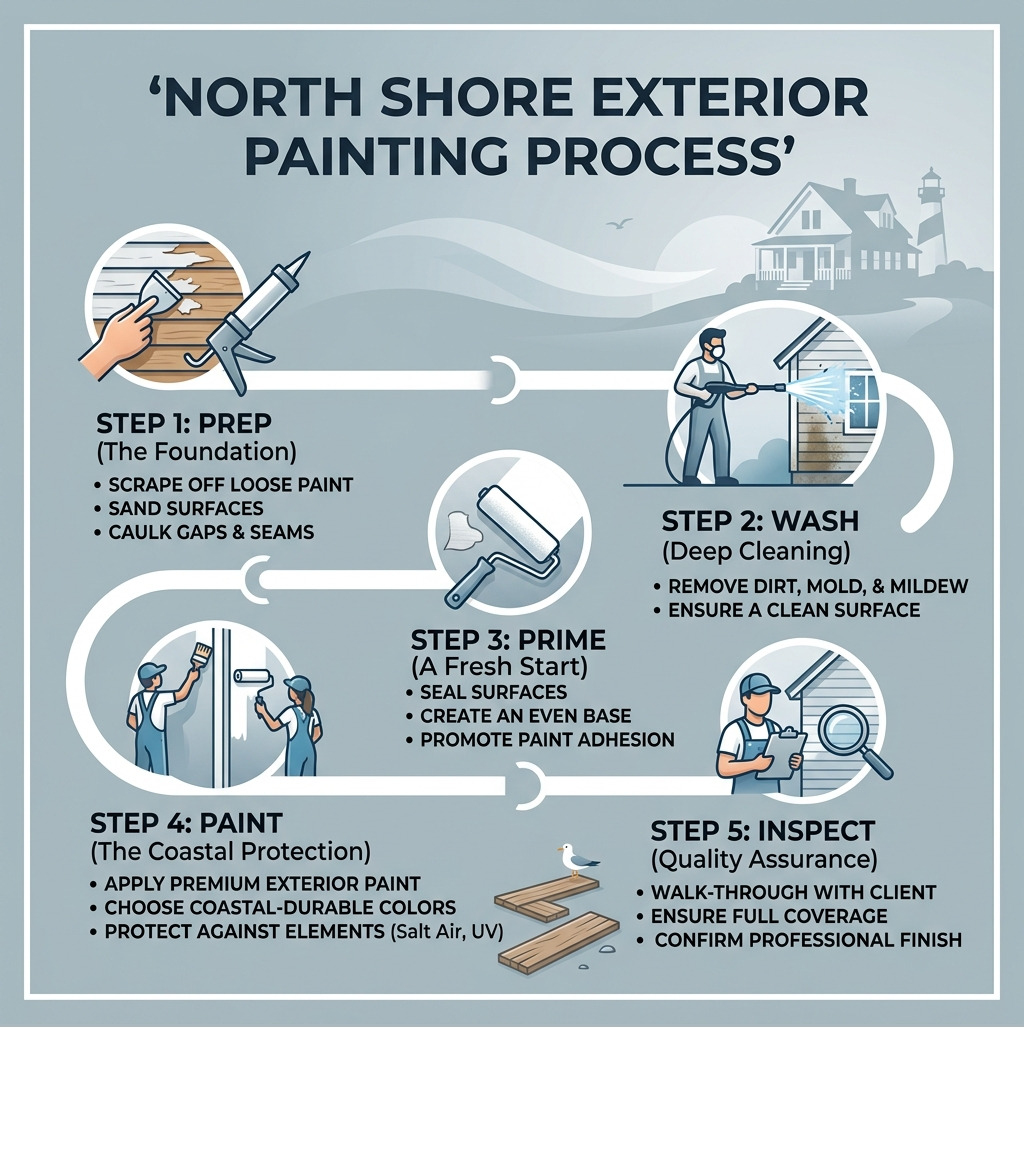 5-step North Shore exterior painting process infographic: prep, wash, prime, paint, inspect - North Shore exterior painting