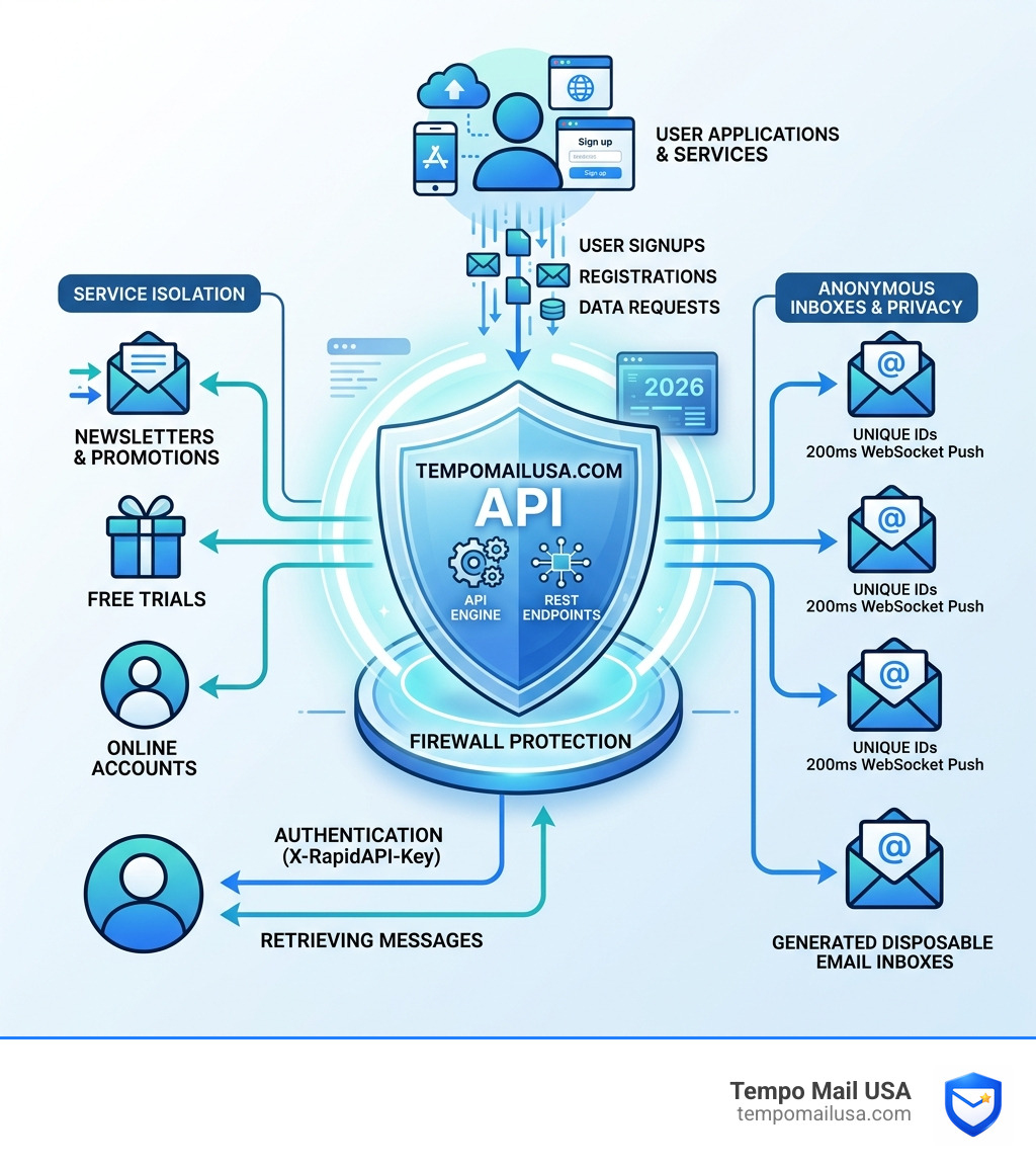 Infographic showing how Tempomailusa.com API works as a temporary email firewall between users and online services Infographic showing how Tempomailusa.com API works as a temporary email firewall between users and online services