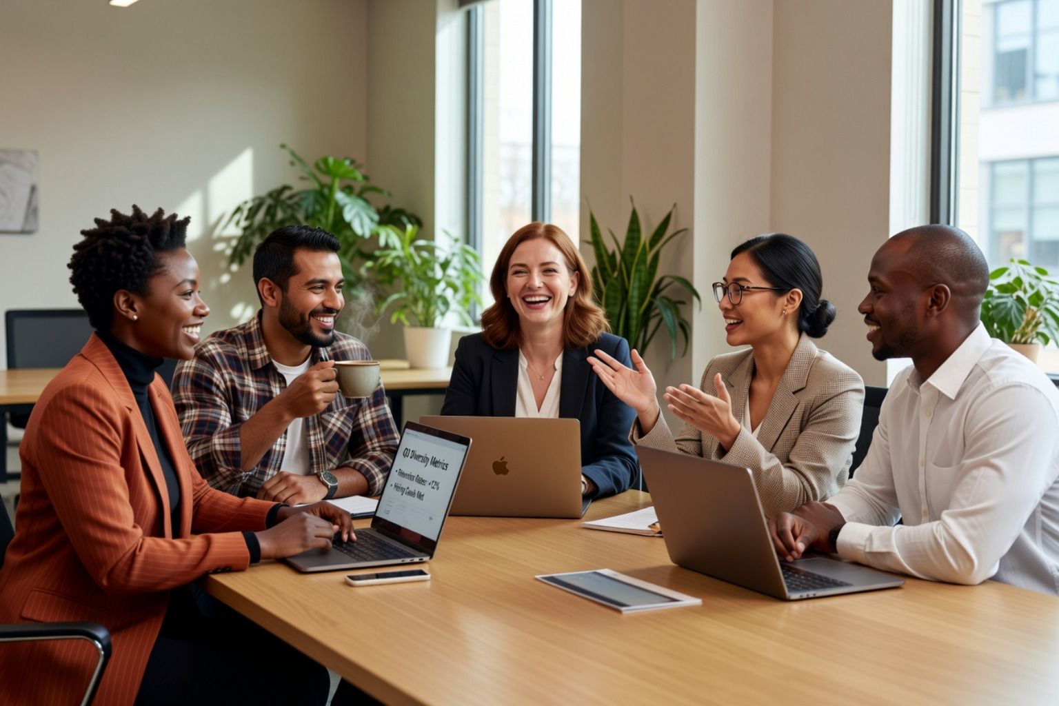 Five coworkers smiling and discussing around a conference table with laptops in a bright office