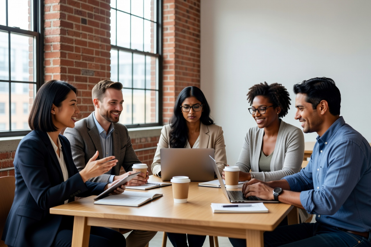 Five coworkers smiling around a laptop at a conference table in a bright office meeting room