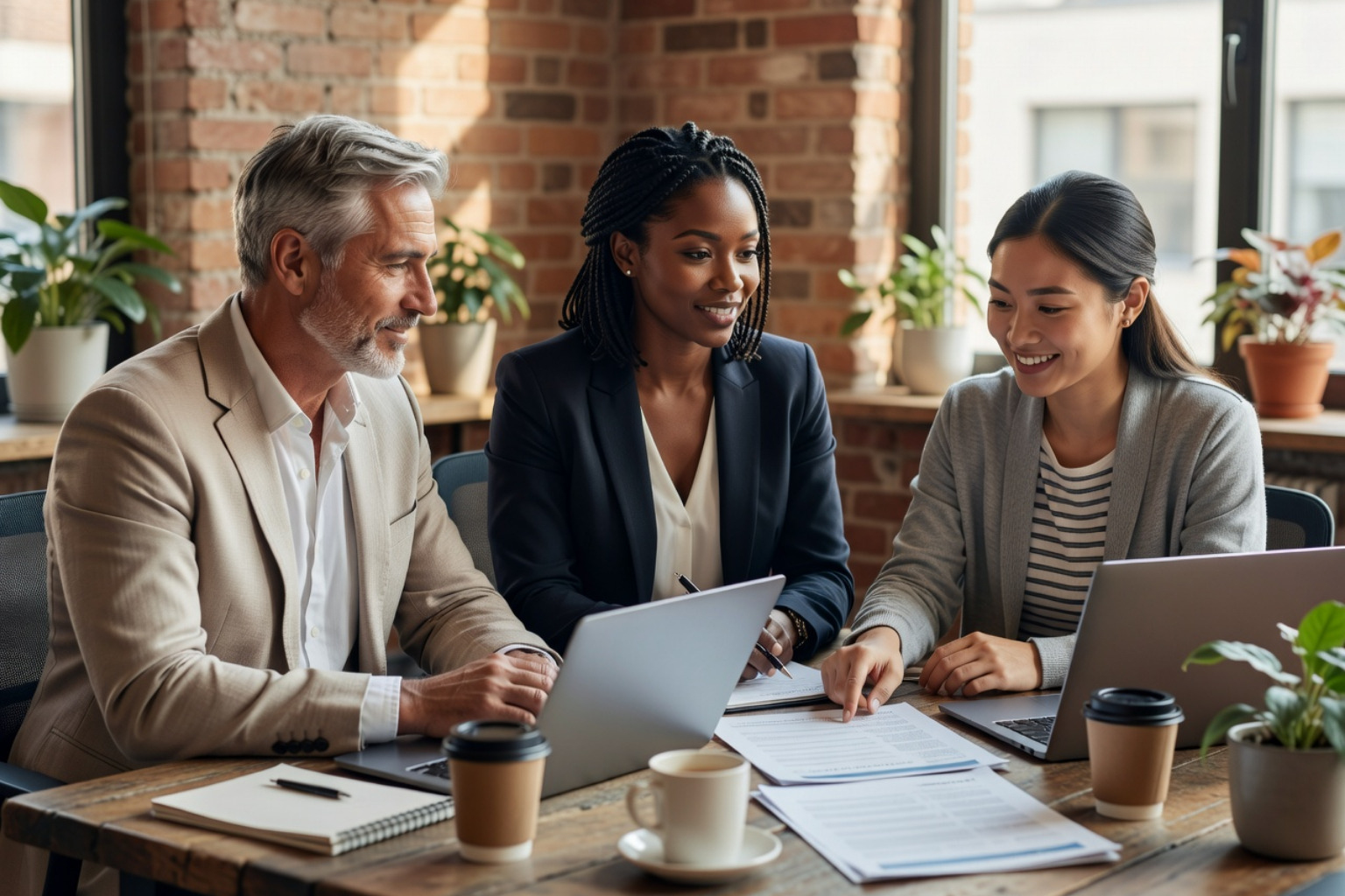 Three coworkers reviewing documents and a laptop at a table in a brick-walled office.