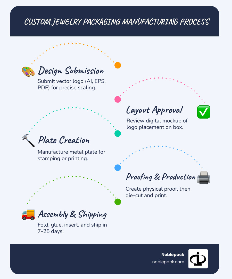 Timeline infographic showing the 8-step manufacturing process from design approval to delivery - custom jewelry packaging Timeline infographic showing the 8-step manufacturing process from design approval to delivery - custom jewelry packaging