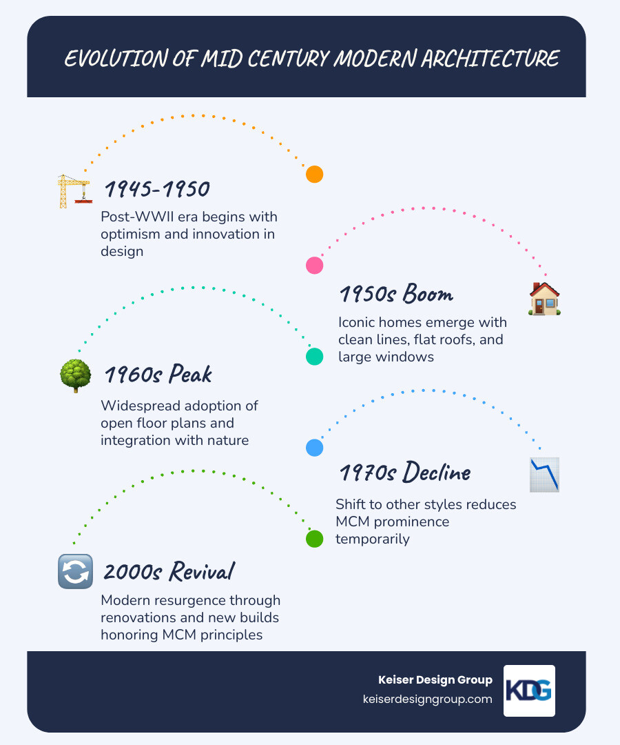Timeline infographic showing the evolution of Mid Century Modern architecture from 1945 to present - Mid Century Modern Timeline infographic showing the evolution of Mid Century Modern architecture from 1945 to present - Mid Century Modern