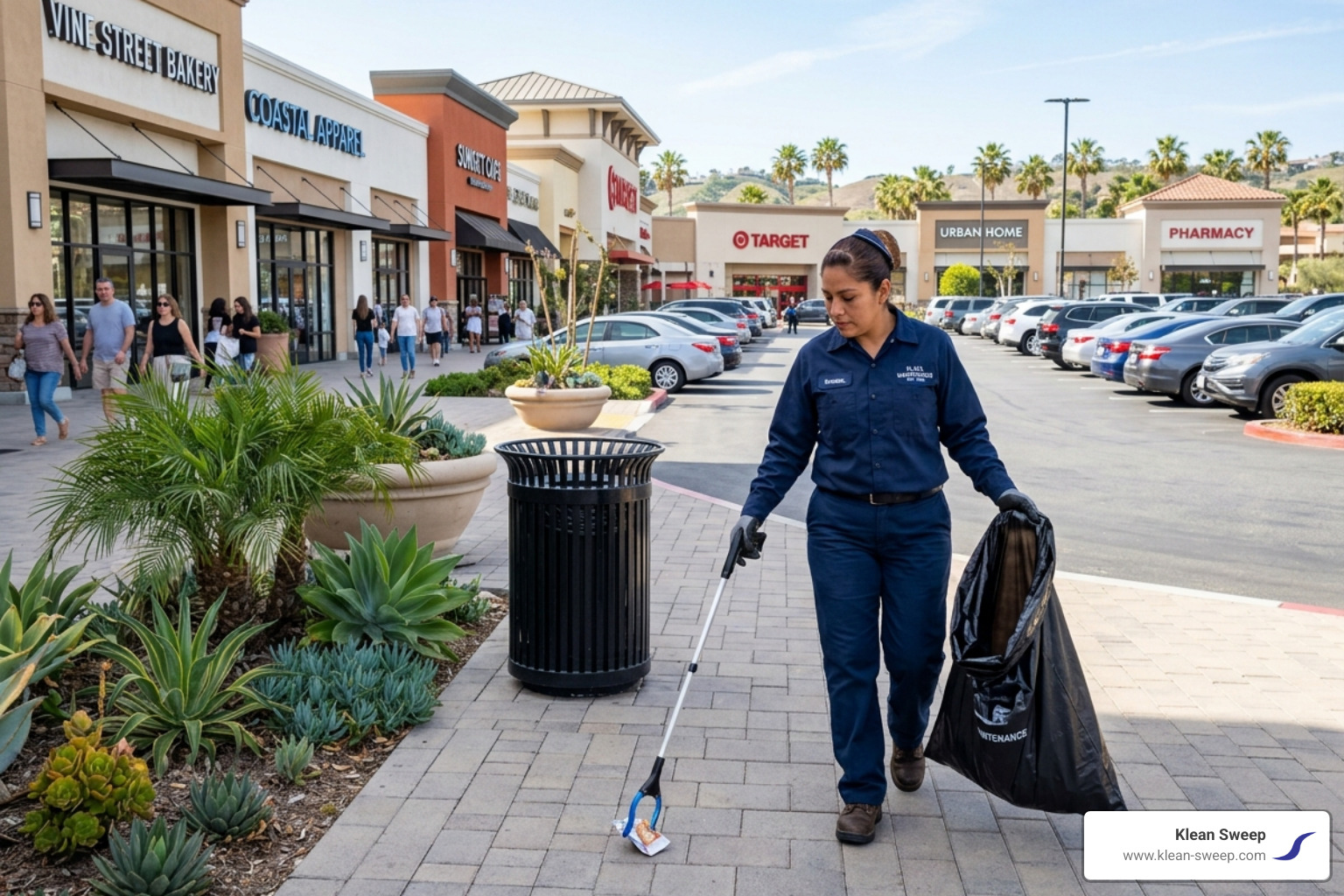 Blue-uniformed day porter meticulously maintaining a commercial shopping center - Can you return a long list of family-owned