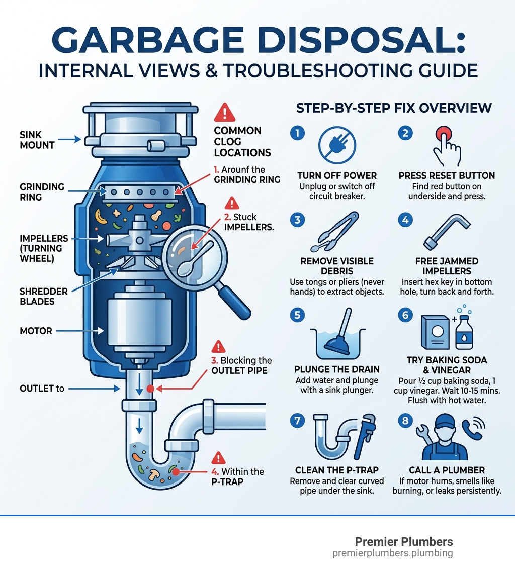 Infographic showing garbage disposal internal components and common clog locations with step-by-step fix overview - clogged