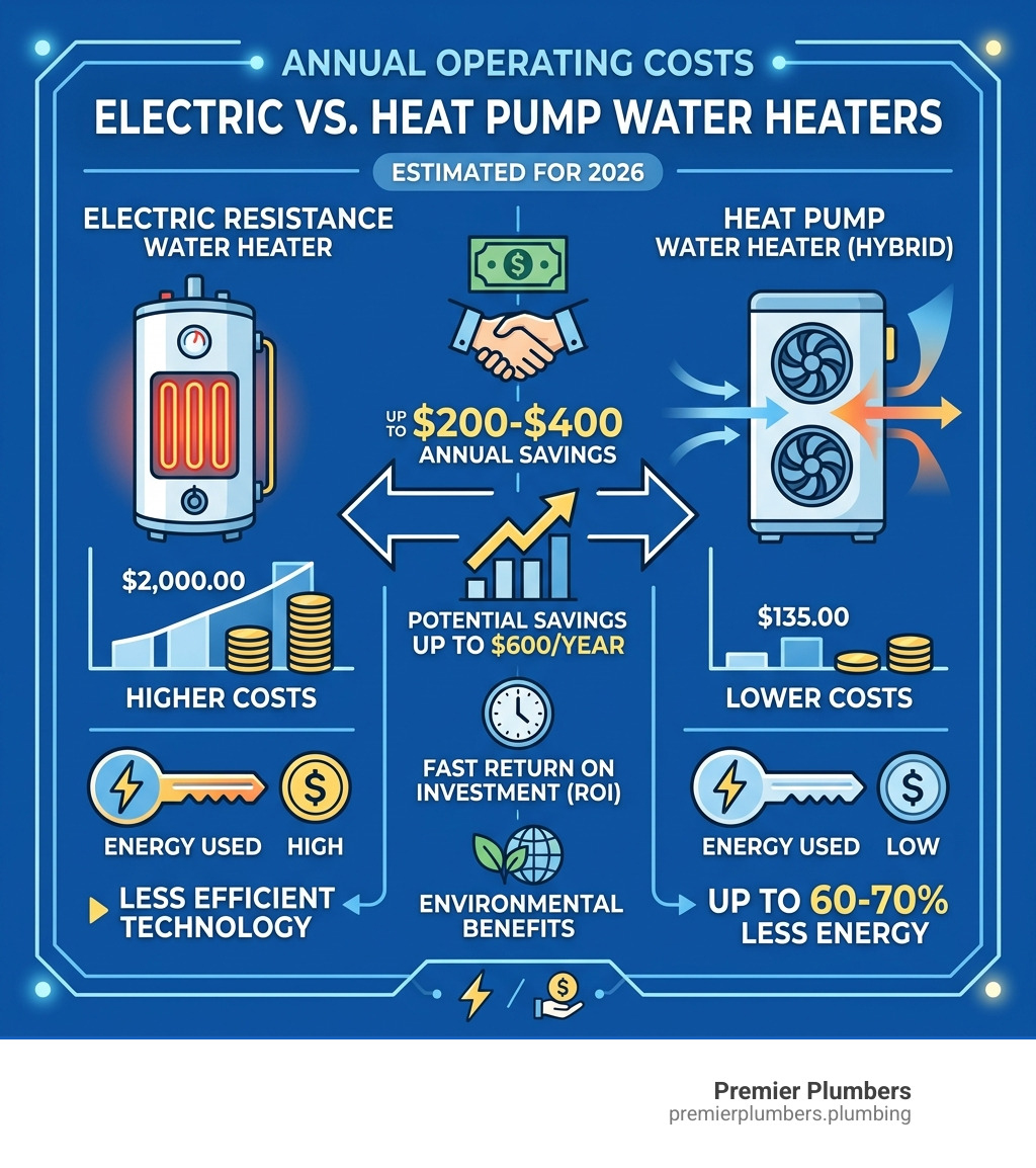 infographic comparing annual operating costs of electric vs heat pump water heaters - heat pump hot water tank infographic 