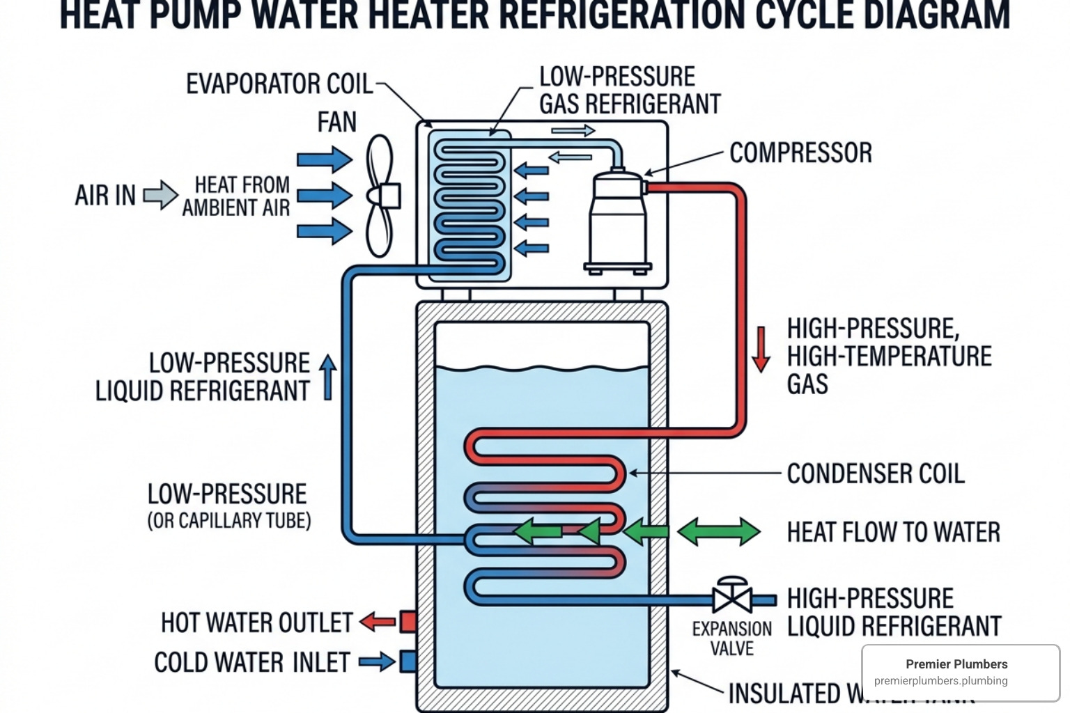 diagram of the refrigeration cycle in a heat pump water heater - heat pump hot water tank