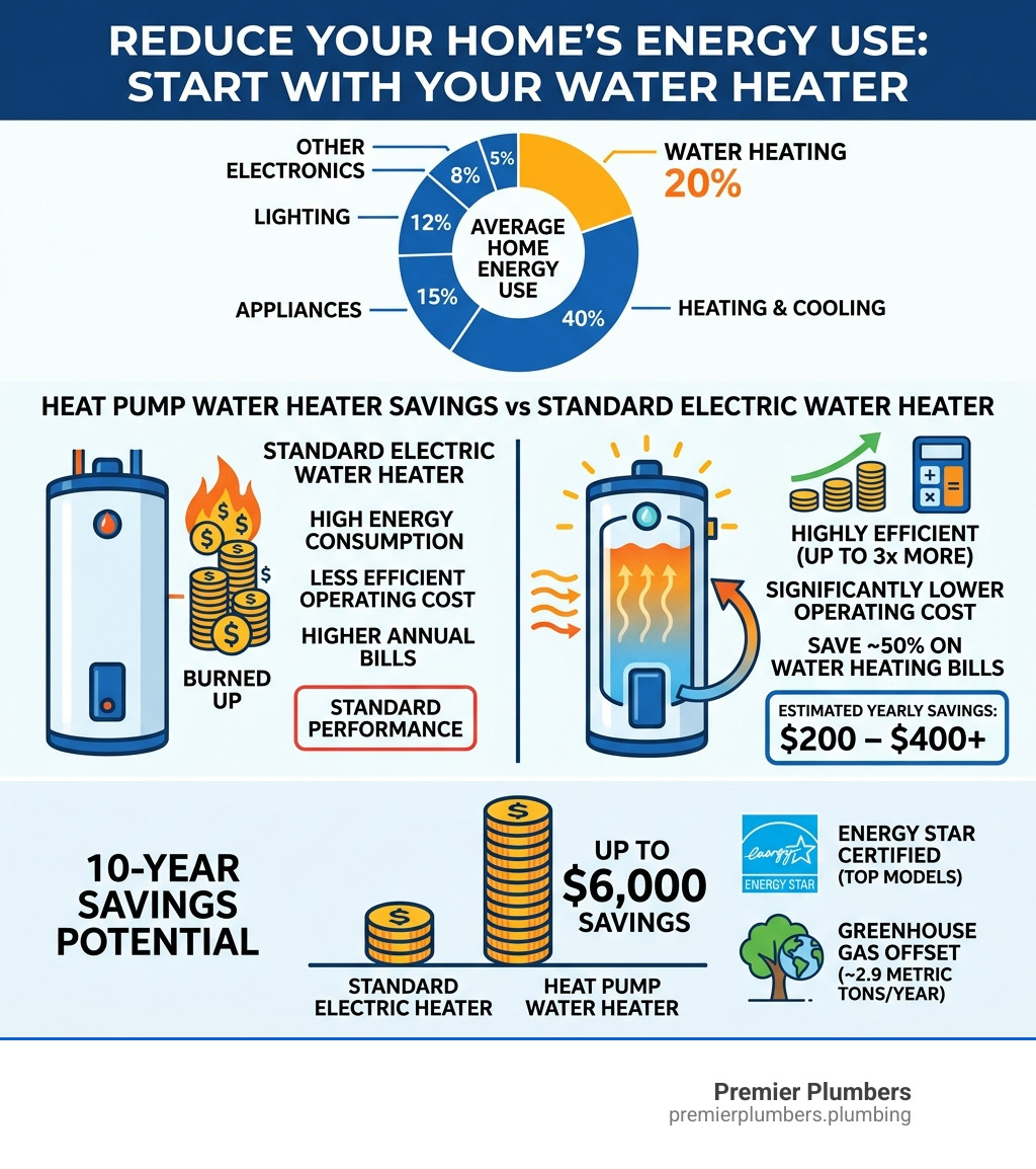 infographic showing home energy use breakdown and heat pump water heater savings vs standard electric - heat pump hot water