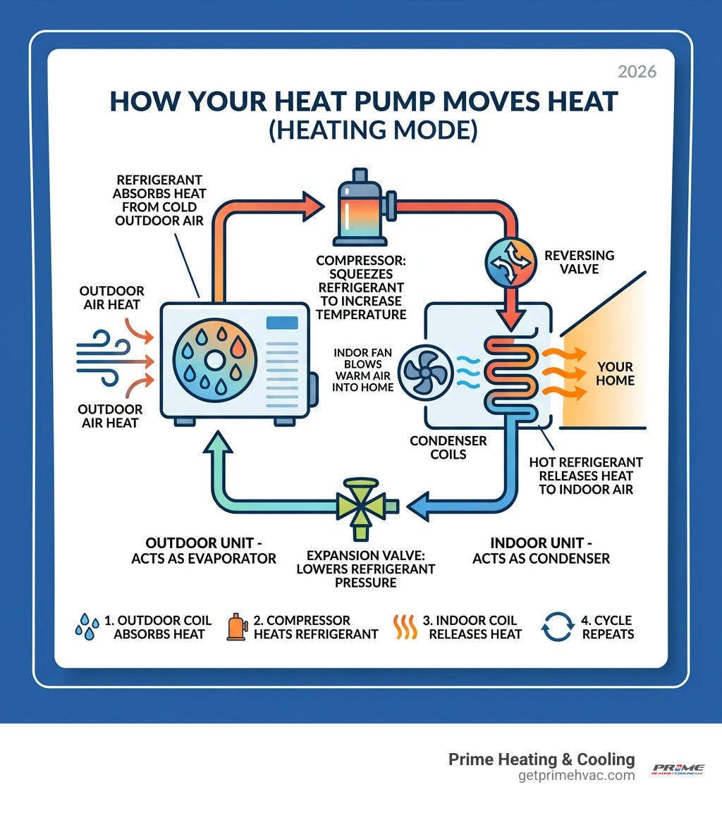 infographic explaining the heat pump refrigeration cycle - Heat pump not heating infographic 