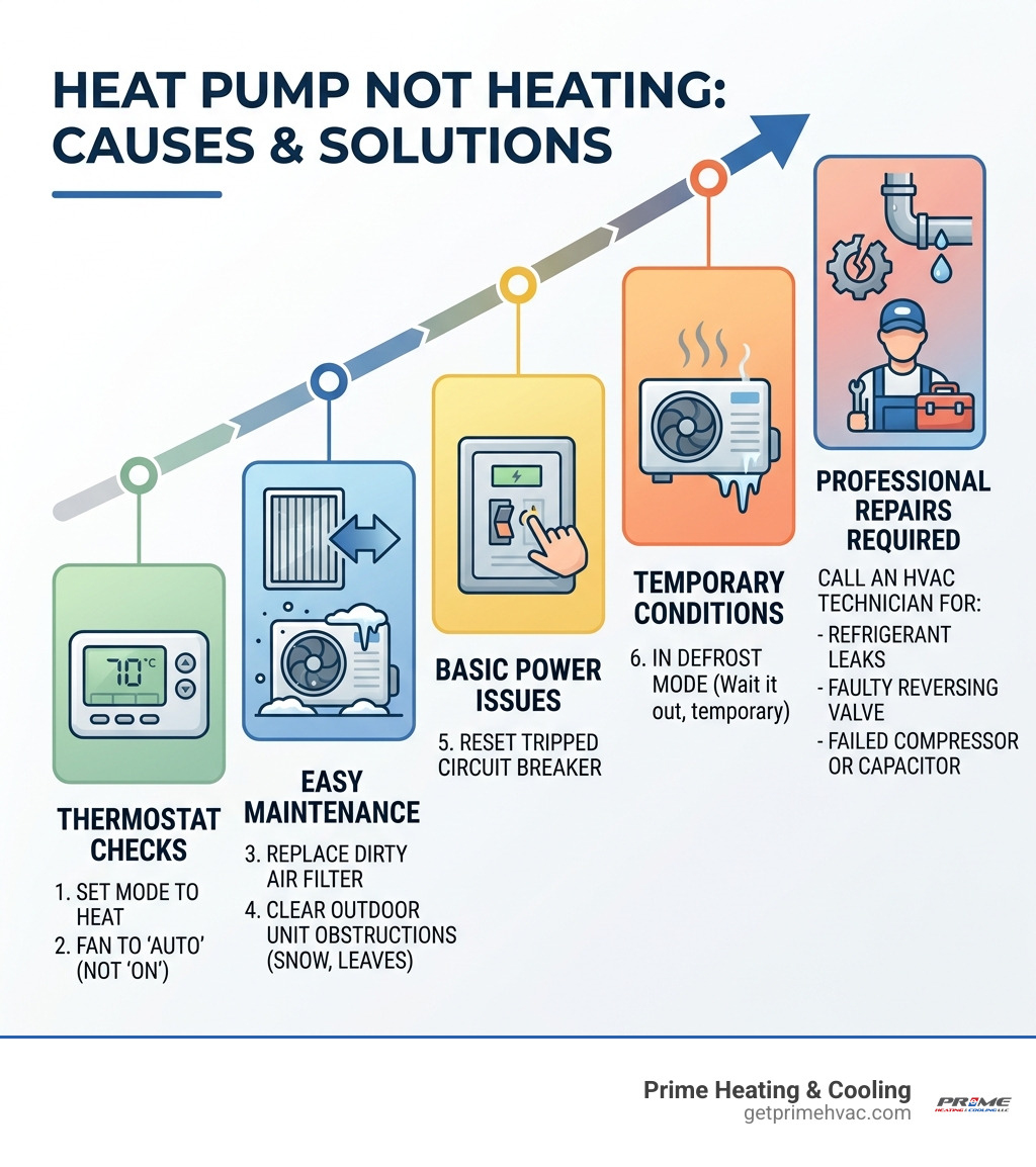 infographic showing heat pump not heating causes from simple thermostat fixes to professional repairs - Heat pump not