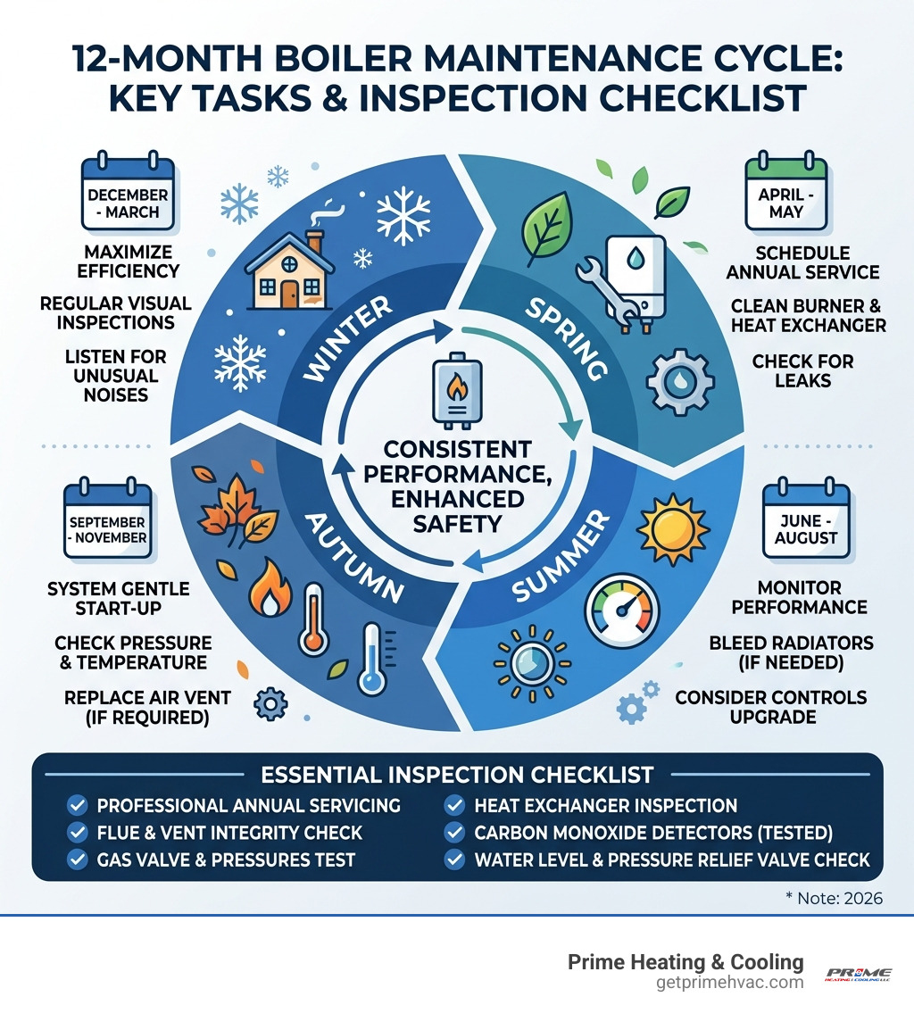 12-month boiler maintenance cycle infographic with key seasonal tasks and inspection checklist - annual boiler servicing 12-month boiler maintenance cycle infographic with key seasonal tasks and inspection checklist - annual boiler servicing
