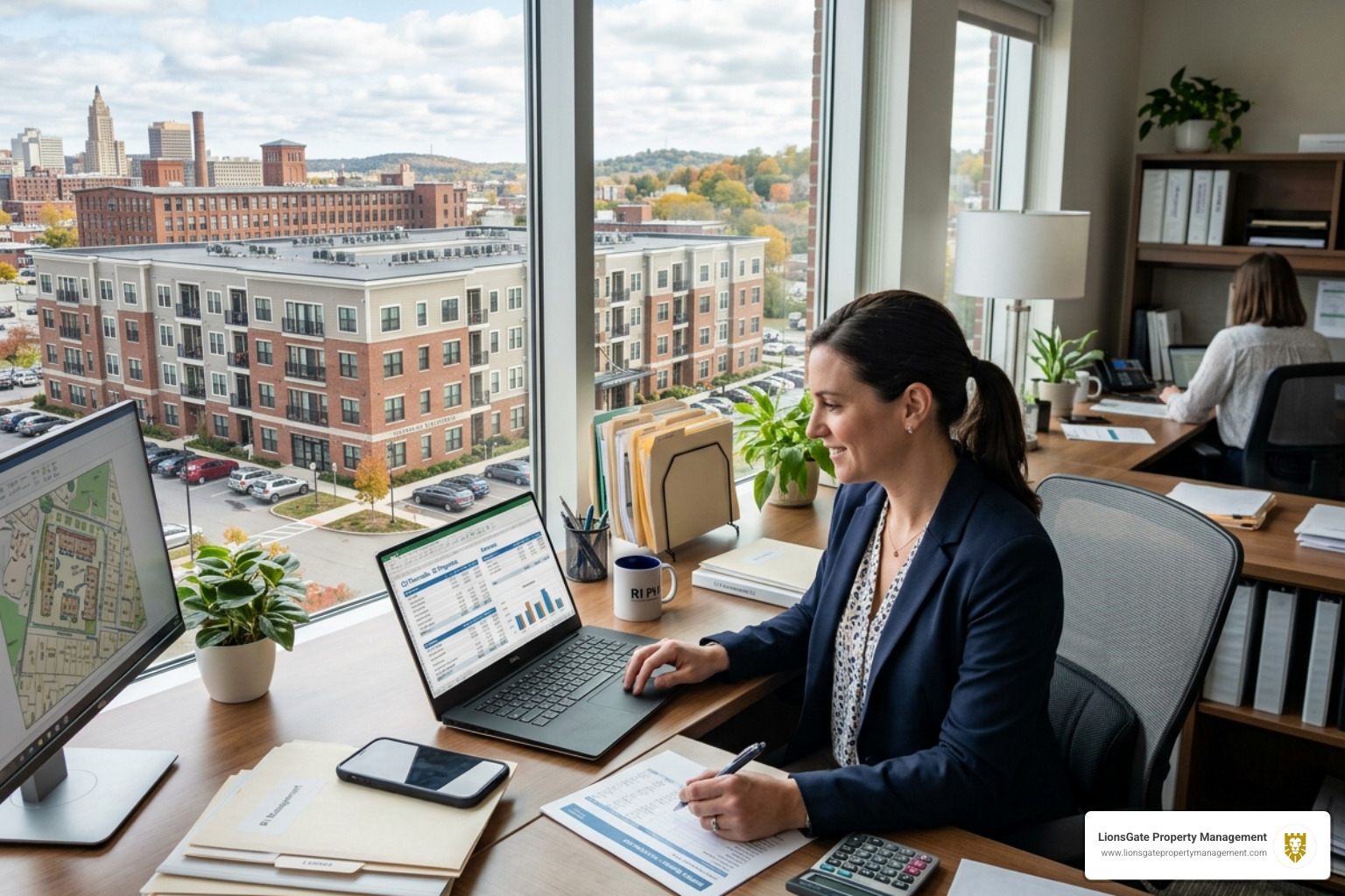 Property manager reviewing financial statements for a multifamily building in Rhode Island - guaranteed rent multi family Property manager reviewing financial statements for a multifamily building in Rhode Island - guaranteed rent multi family