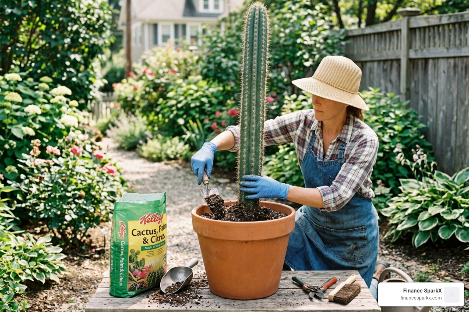 gardener repotting a tall columnar apple cactus into a large terracotta pot - apple cactus care